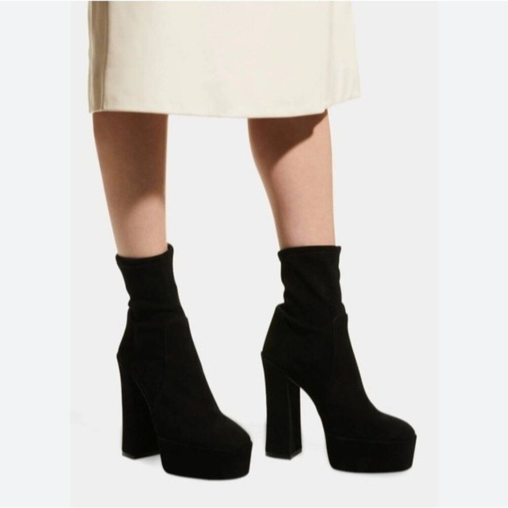 Stuart Weitzman $699 Skyhigh Stretch Suede Platform Booties Black Womens Size 10